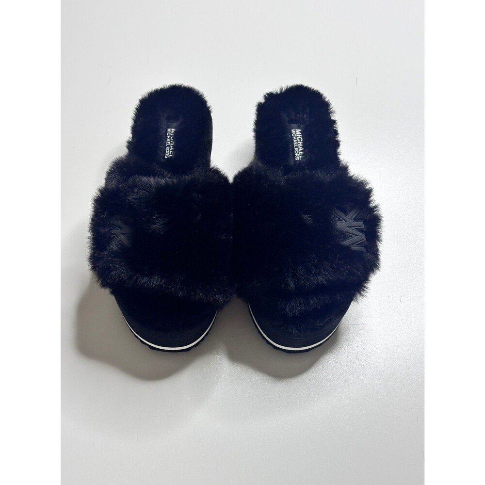 Michael Kors Faux Fur Platform Slide Slippers Black MK Logo